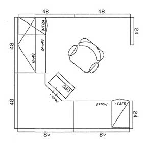 8x8 U Shaped, 64sq/ft -- This configuration is for very paper intensive work, with space for pedestal drawers, a lateral file and plenty of room for overhead storage. There is also space for a guest chair.